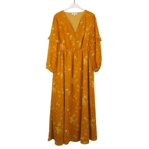 Madewell Ruffle-Sleeve Button-Front Dress Tonal Botanical Orange Floral Maxi 4 - Picture 5 of 10